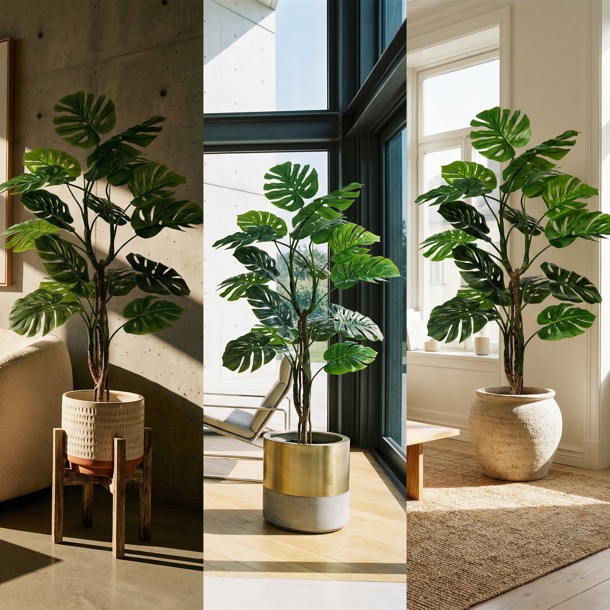 Künstliche Monstera auf einem 160 cm hohen Stiel von FairyTrees als Innendekoration in verschiedenen Arrangements, passend zu modernen Räumen.