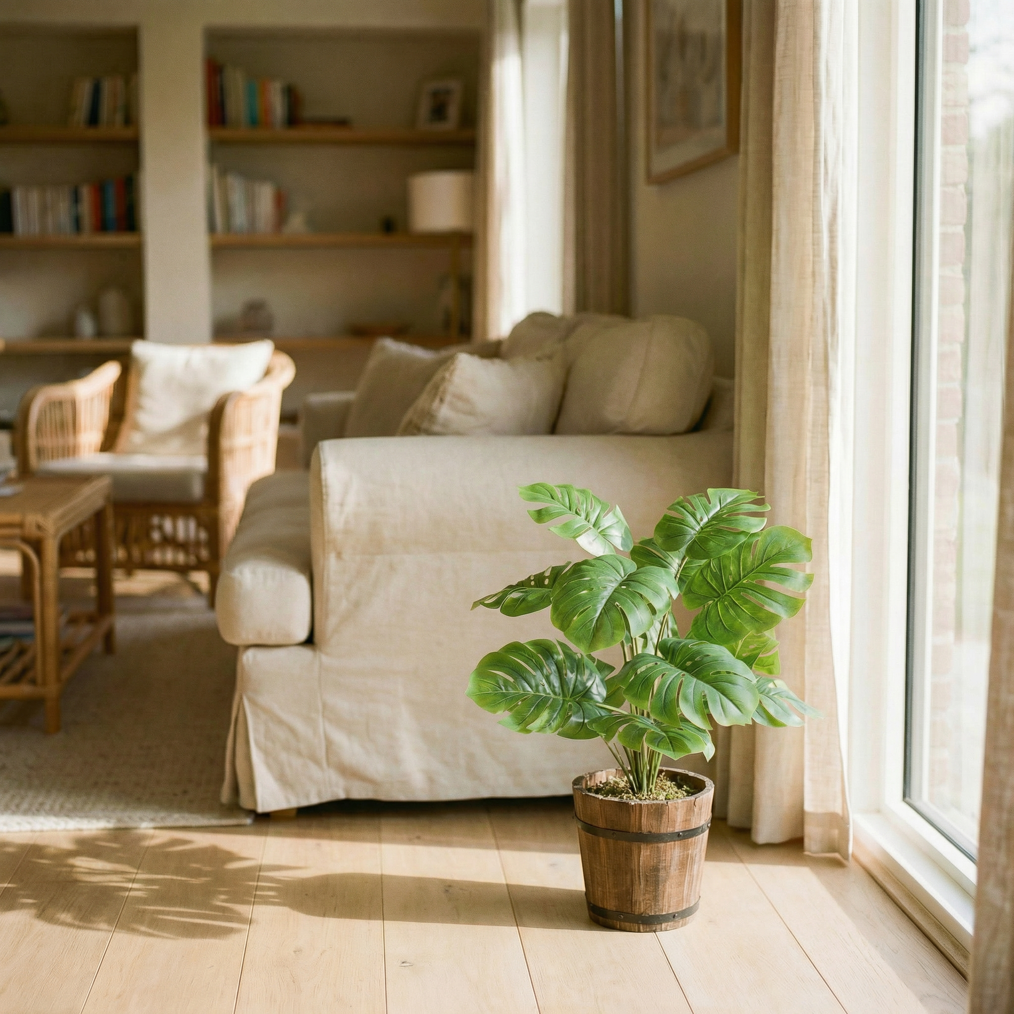 Künstliche Monstera 70 cm von FairyTrees im Wohnzimmer neben einem Sessel, in einer hellen und gemütlichen Inneneinrichtung.