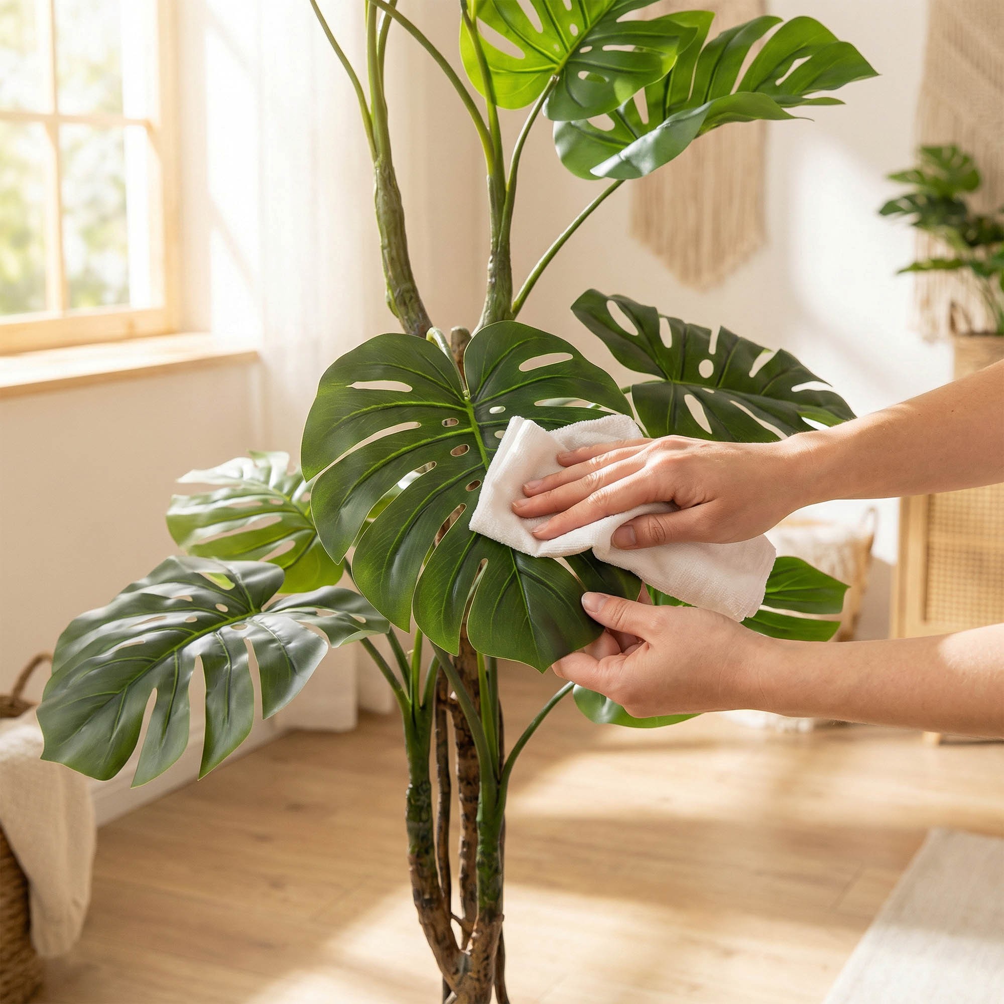 Die Hände reinigen die Blätter der künstlichen Monstera am 160 cm hohen Stiel von FairyTrees und zeigen damit, wie pflegeleicht die Pflanze ist.