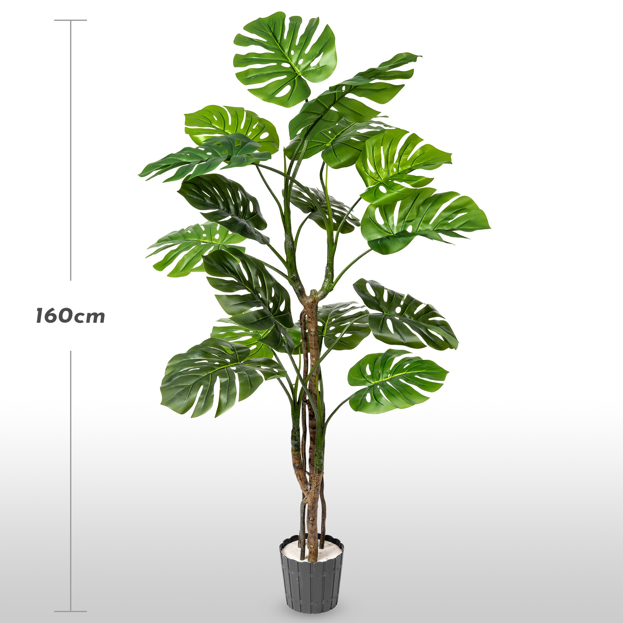 Künstliche Monstera auf einem 160 cm hohen Stiel von FairyTrees vor hellem Hintergrund mit Angabe der Pflanzenhöhe.
