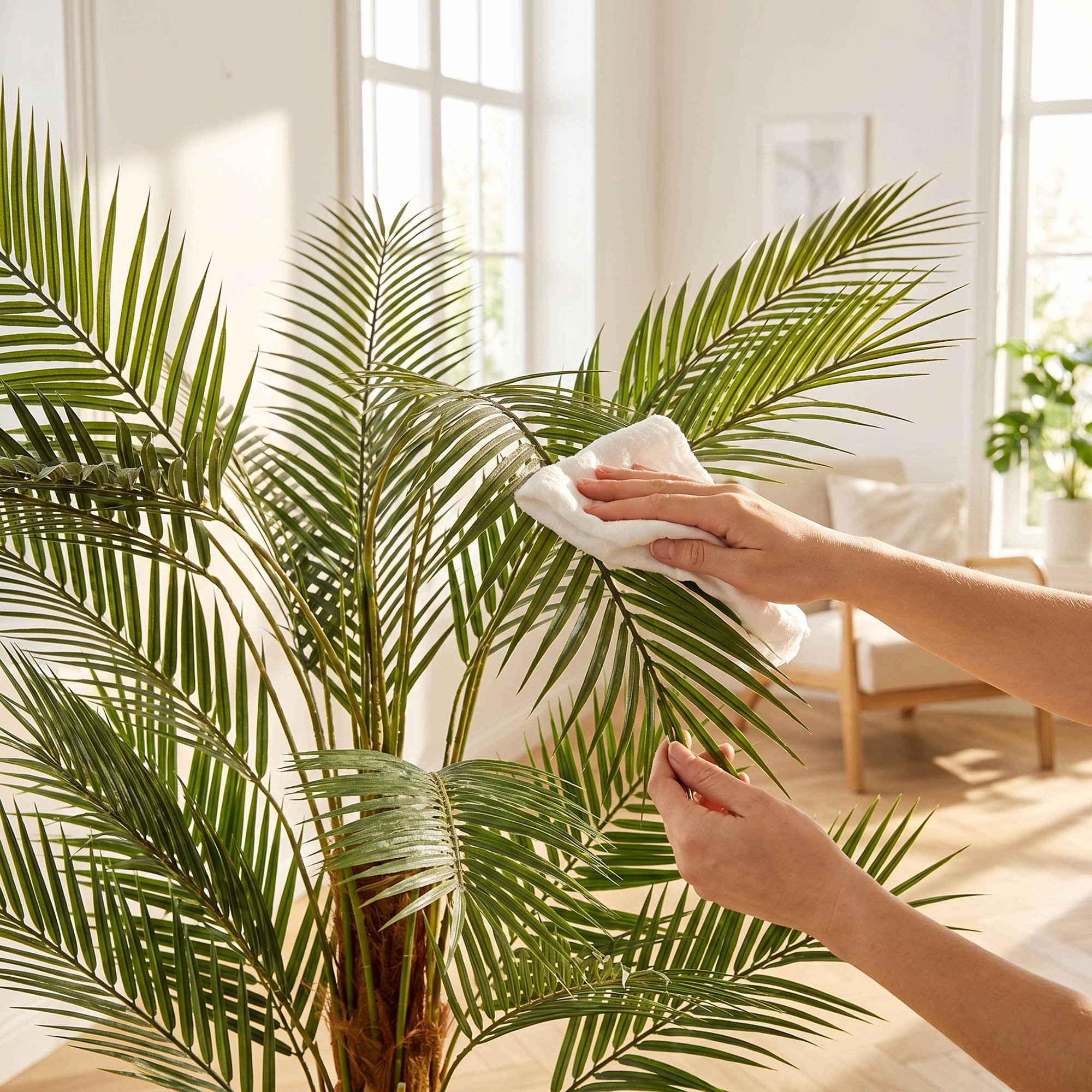 Die Reinigung der Blätter der 160 cm hohen künstlichen Terrassenpalme FairyTrees zeigt, wie einfach es ist, die Pflanze in gutem Zustand zu halten.