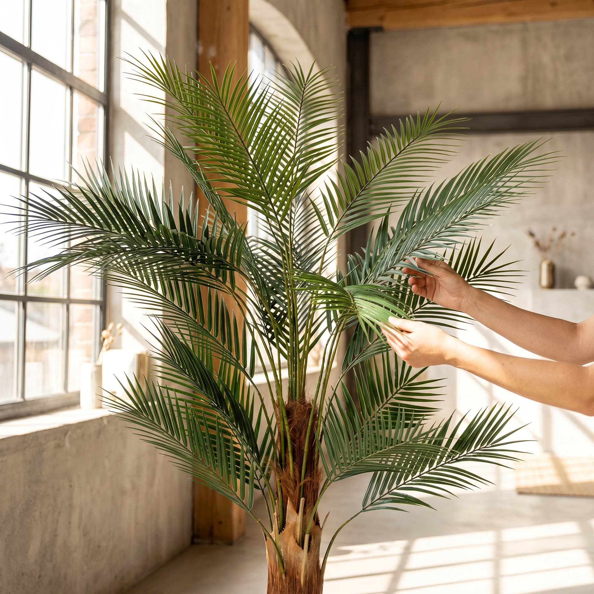 Die Ausbreitung der Blätter der künstlichen Terrassenpalme 160 cm FairyTrees verdeutlicht ihre Leichtigkeit und natürliche Anordnung.