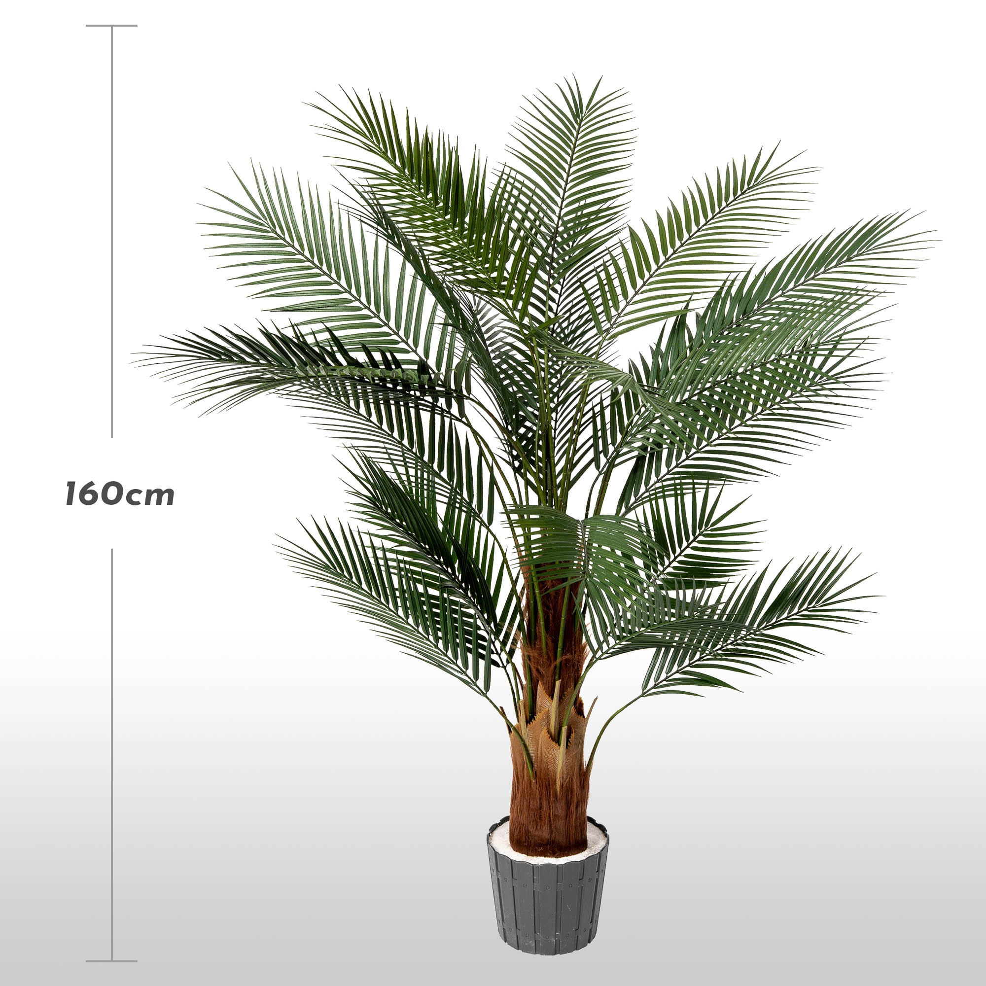 Künstliche Terrassenpalme 160 cm von FairyTrees mit ausladenden, gefiederten Blättern vor hellem Hintergrund und angegebener Höhe.