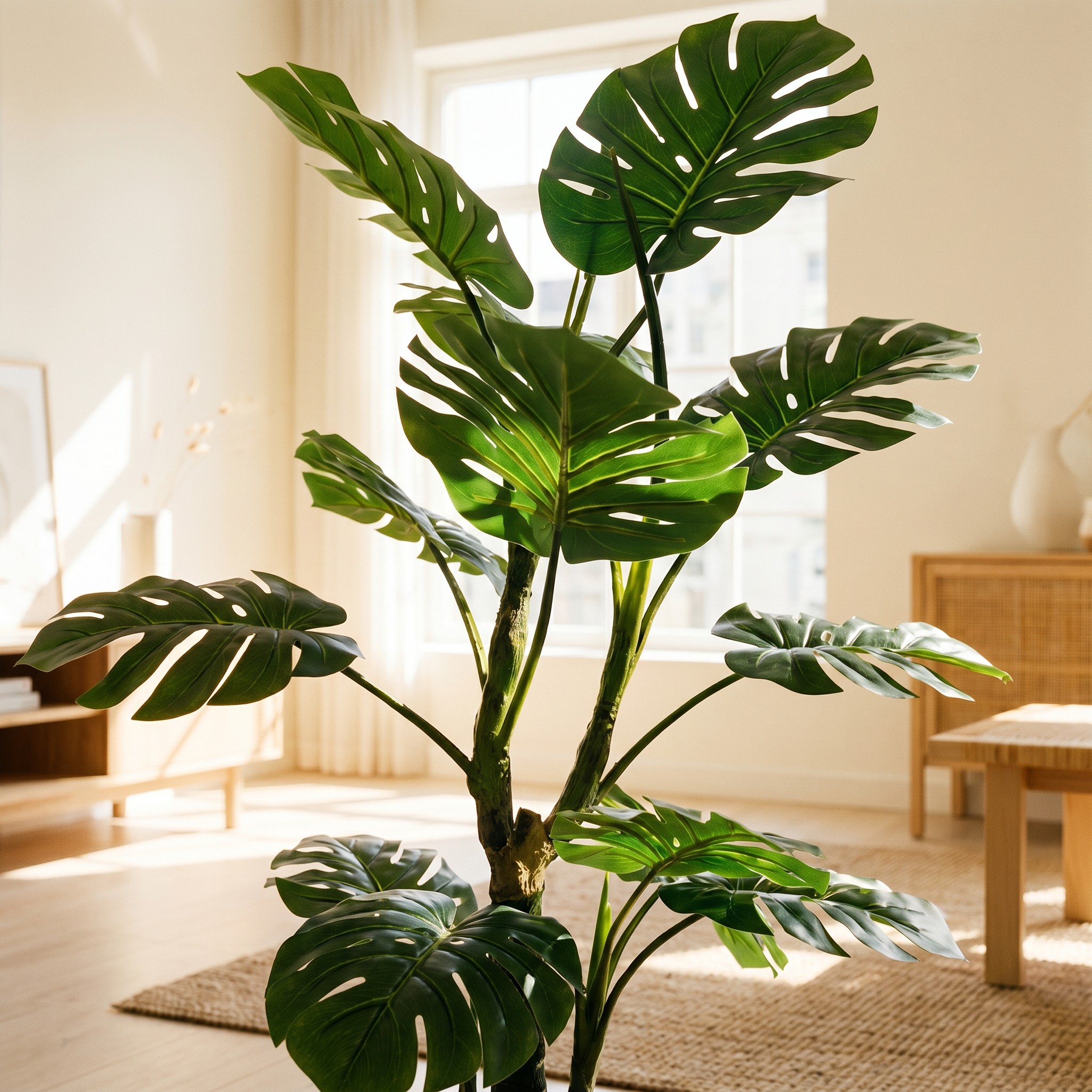 Künstliche Monstera auf einem 160 cm hohen Stiel von FairyTrees, platziert in einem gemütlichen Wohnzimmer in einer natürlichen Inneneinrichtung.